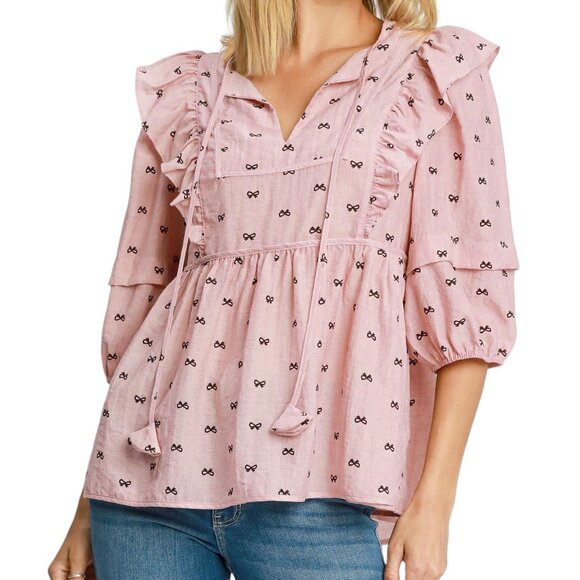 Pink Blouse with Black Bow Detailing Tie Neck Workwear Top Blouse - Picture 1 of 3